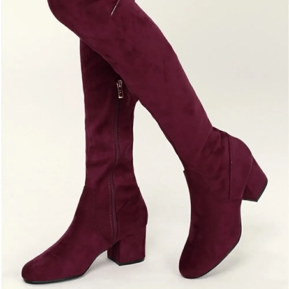 Lulu's Burgundy Suede Over-the-Knee Boots